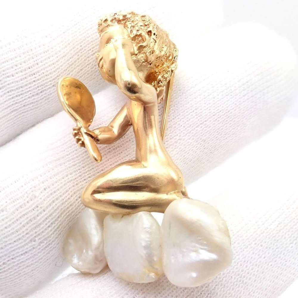 Rare Large Ruser 14k Yellow Gold Sapphire Pearl Mondays Child Pin Brooch - Picture 8 of 11